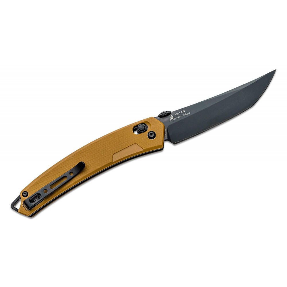 SRM Knives 9211-GW Folding Knife - 3.57" Black Tanto Blade Brown G10 Handle Crossbar Lock