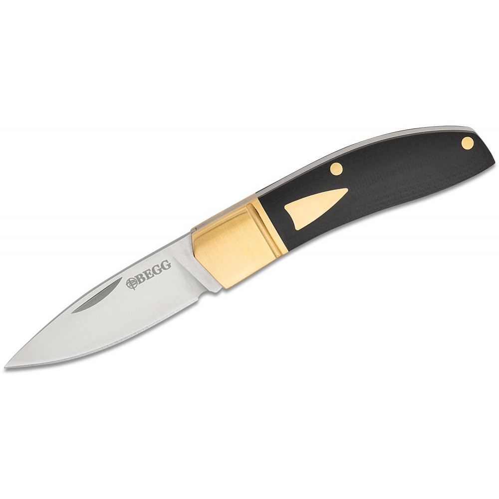 Begg Knives UK EDC Traditional Small Drop Point Folding Pocket Knife - 2.375" Blade Black G10 Handle Brass Bolsters