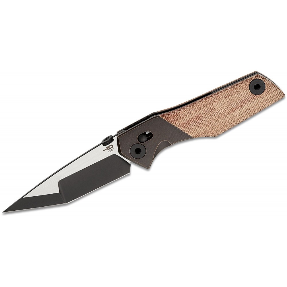 Bestech Cetus Folding Knife - 3.94" M390 Two-Tone Tanto Blade Canvas Micarta Handle Dark Bronze Titanium Bolsters