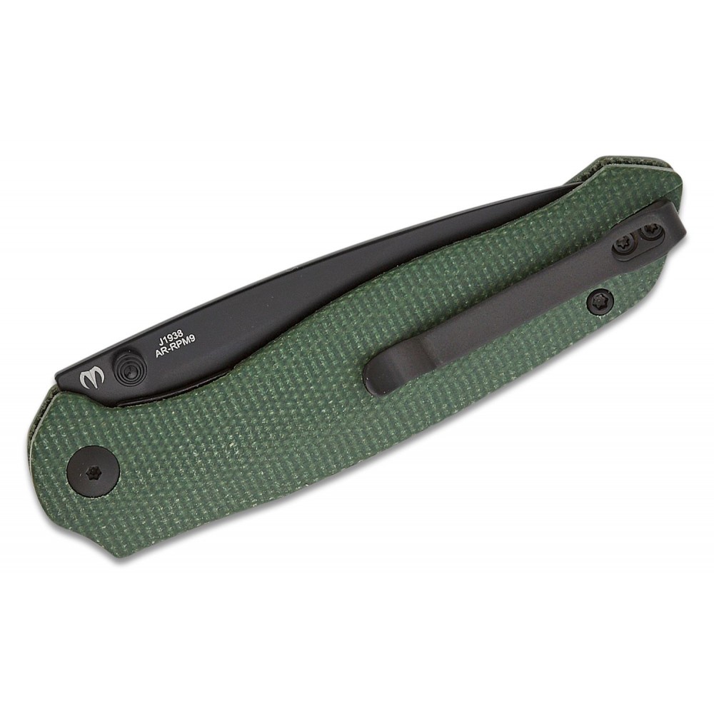 CJRB Aes Folding Knife - 3.3" AR-RPM9 Black PVD Blade Contoured CNC Machined Green Canvas Micarta Handle