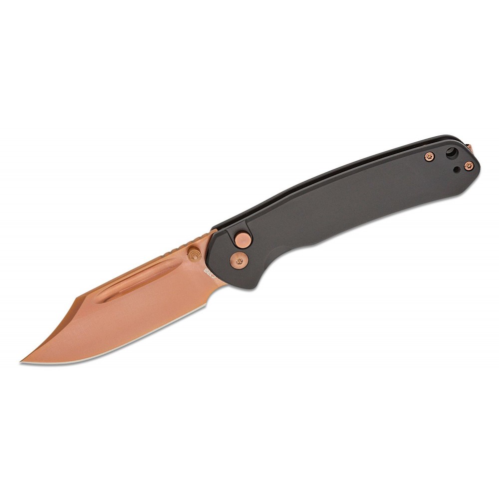 CJRB Pyrite Button Lock Folding Knife - 3.05" AR-RPM9 Rose Gold Bowie Blade Black Handle