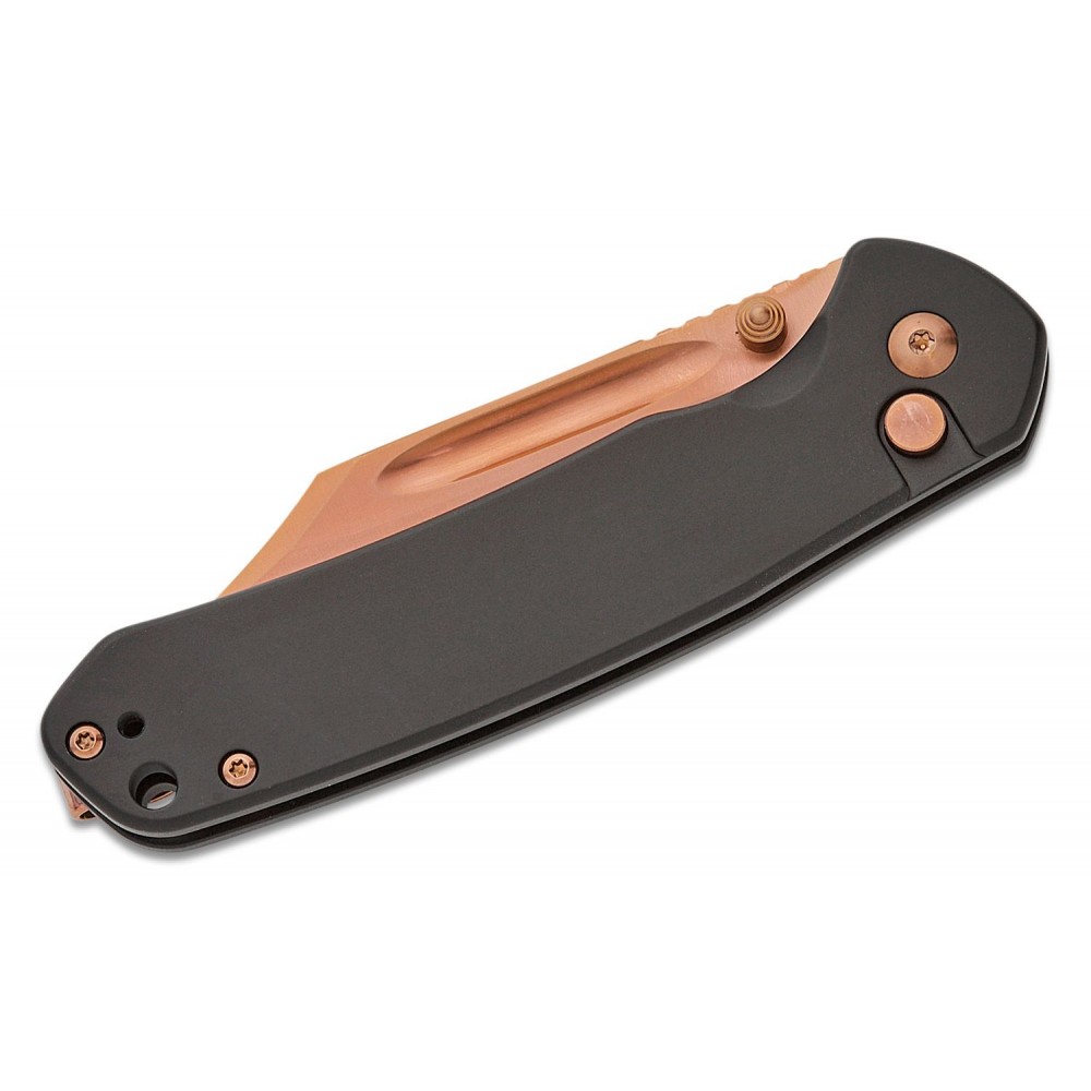 CJRB Pyrite Button Lock Folding Knife - 3.05" AR-RPM9 Rose Gold Bowie Blade Black Handle