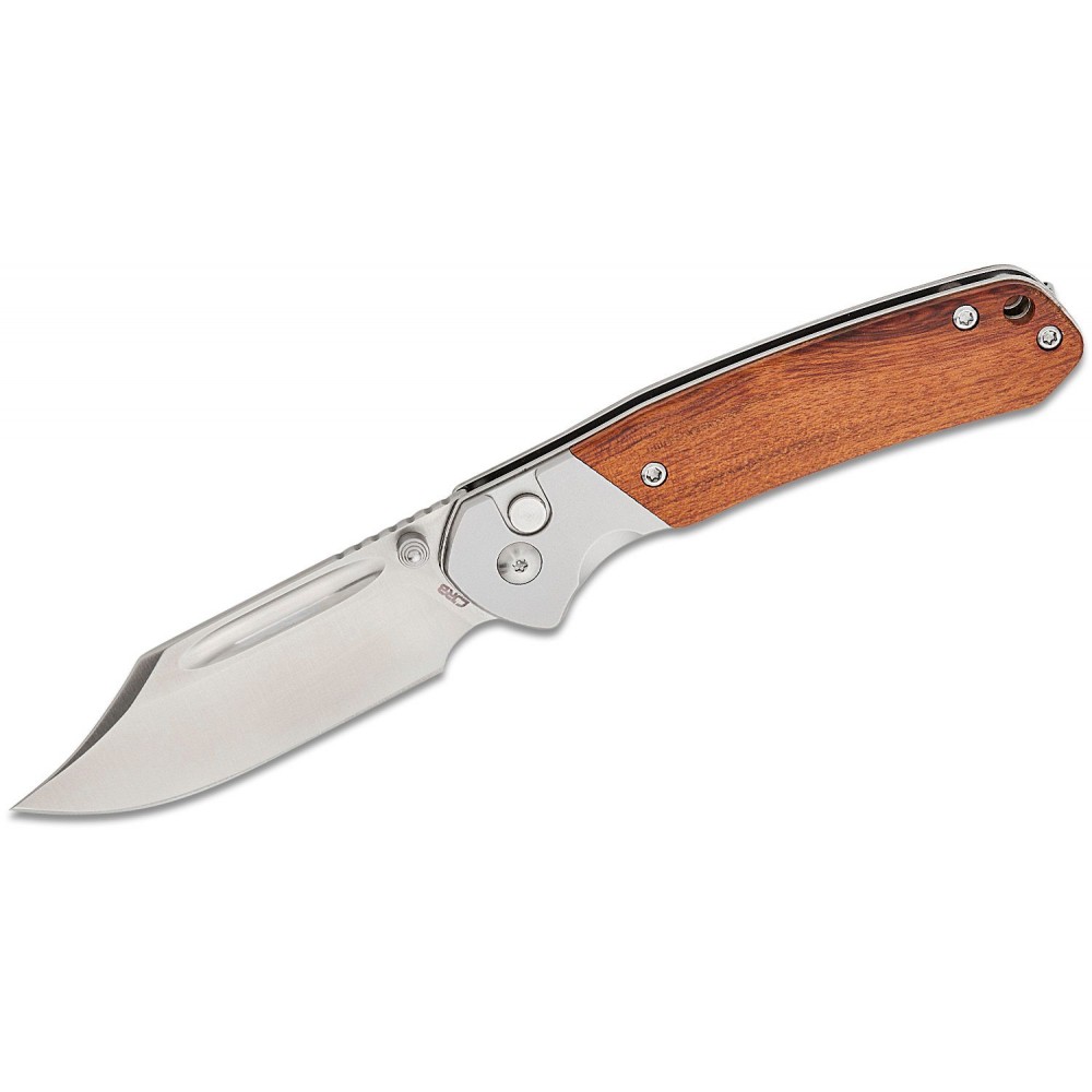 CJRB Pyrite Button Lock Folding Knife - 3.05" AR-RPM9 Sand Polished Bowie Blade Rosewood Handle