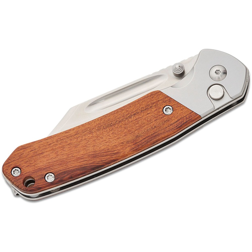 CJRB Pyrite Button Lock Folding Knife - 3.05" AR-RPM9 Sand Polished Bowie Blade Rosewood Handle