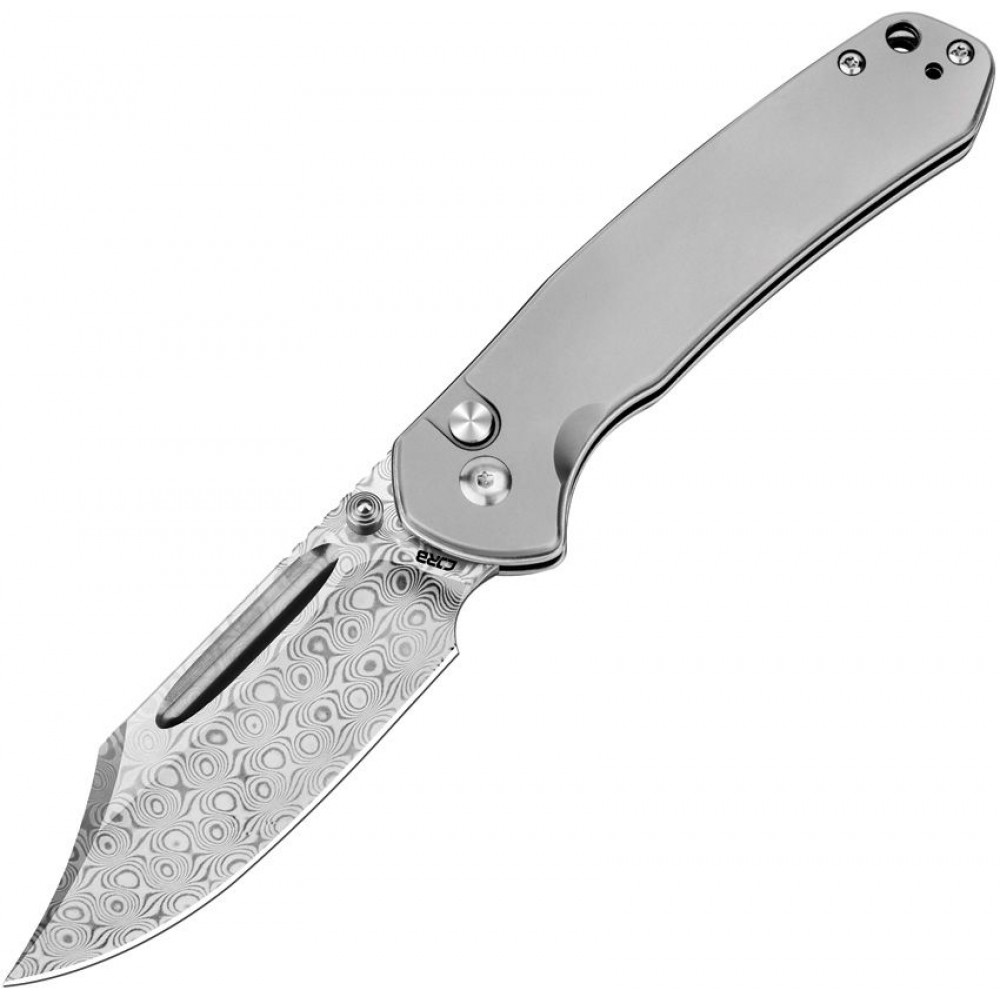 CJRB Pyrite Button Lock Folding Knife - 3.13" Damascus Clip Point Blade Titanium Handle