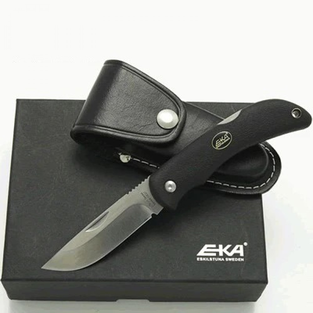 EKA Swede 10 Black Folding Knife with Leather Sheath - 3.93" Blade