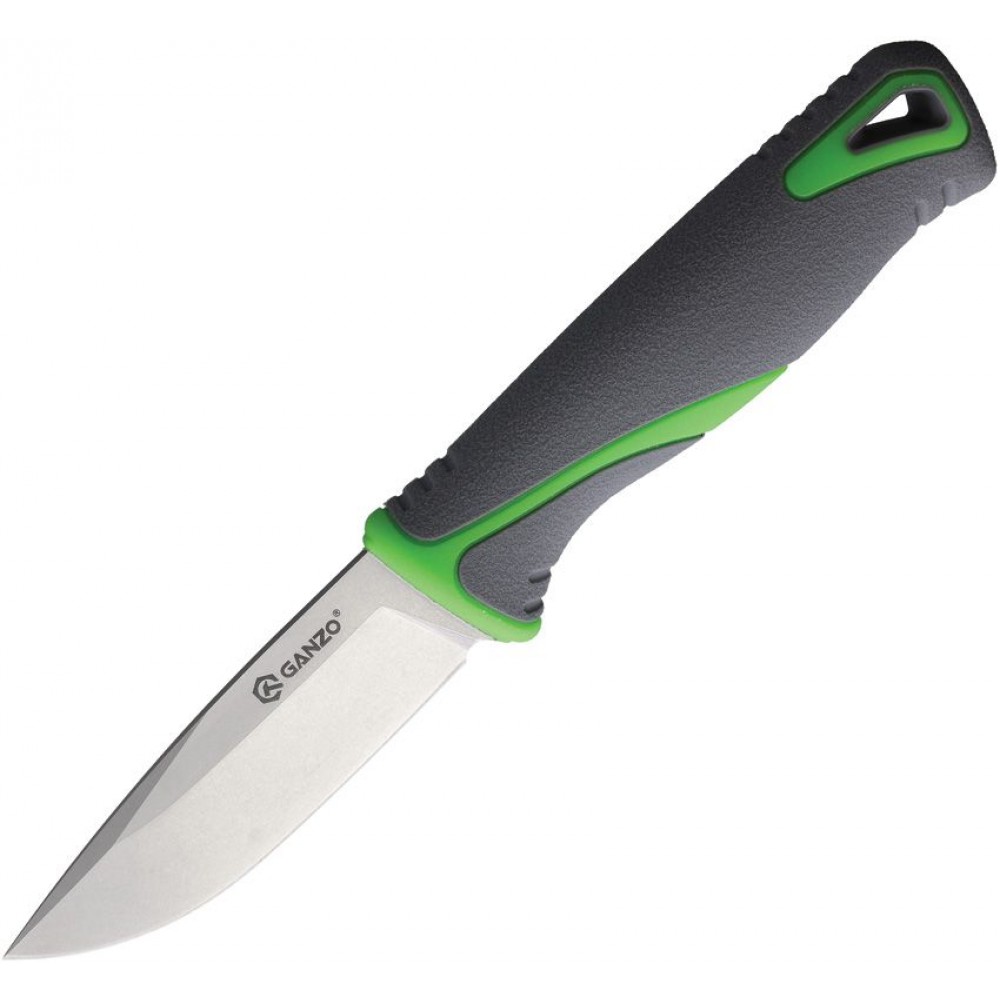 Ganzo G807GY Fixed Blade Knife - 3.5" Stainless Steel Blade, Green and Gray TPR Handle, Black Belt Sheath