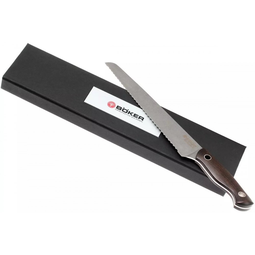 Boker Saga Bread Knife - Satin 9.05" Blade, G10 Handle with Red Fiber Inlays and Gift Box