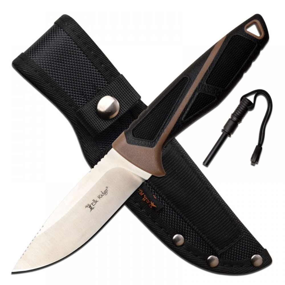 Elk Ridge ER-200-23BR - Fixed Blade Knife - 4" Blade - Brown,Black Handle with Nylon Sheath