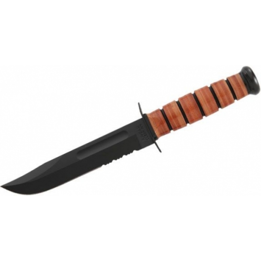 KA-BAR 1218 USMC Fighting Knife 7" Combo Blade, Leather Handles, Leather Sheath