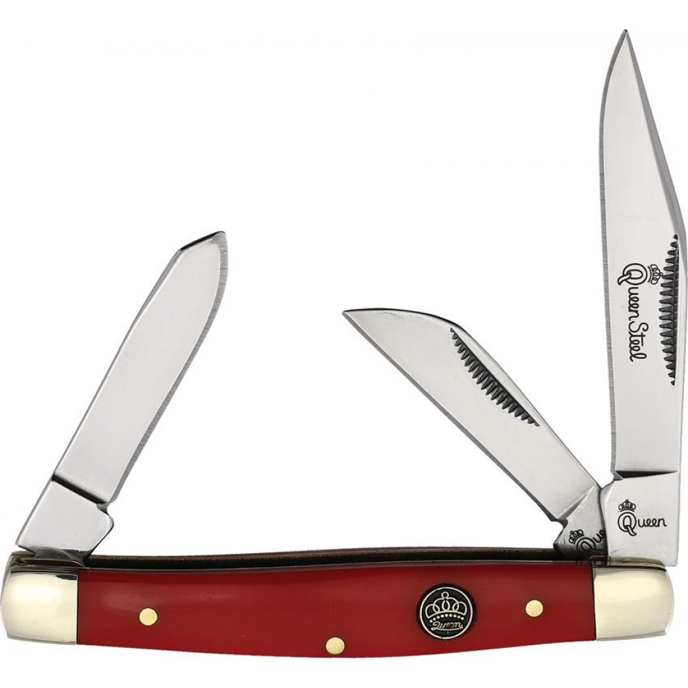 Queen UK EDC Stockman Red Folding Pocket Knife - Stainless Clip, Sheepsfoot and Spey blades.