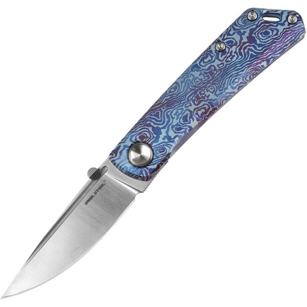 Real Steel Luna Boost Pocket Knife - 2.75" N690 Blade Titanium Blue Swirl Handle