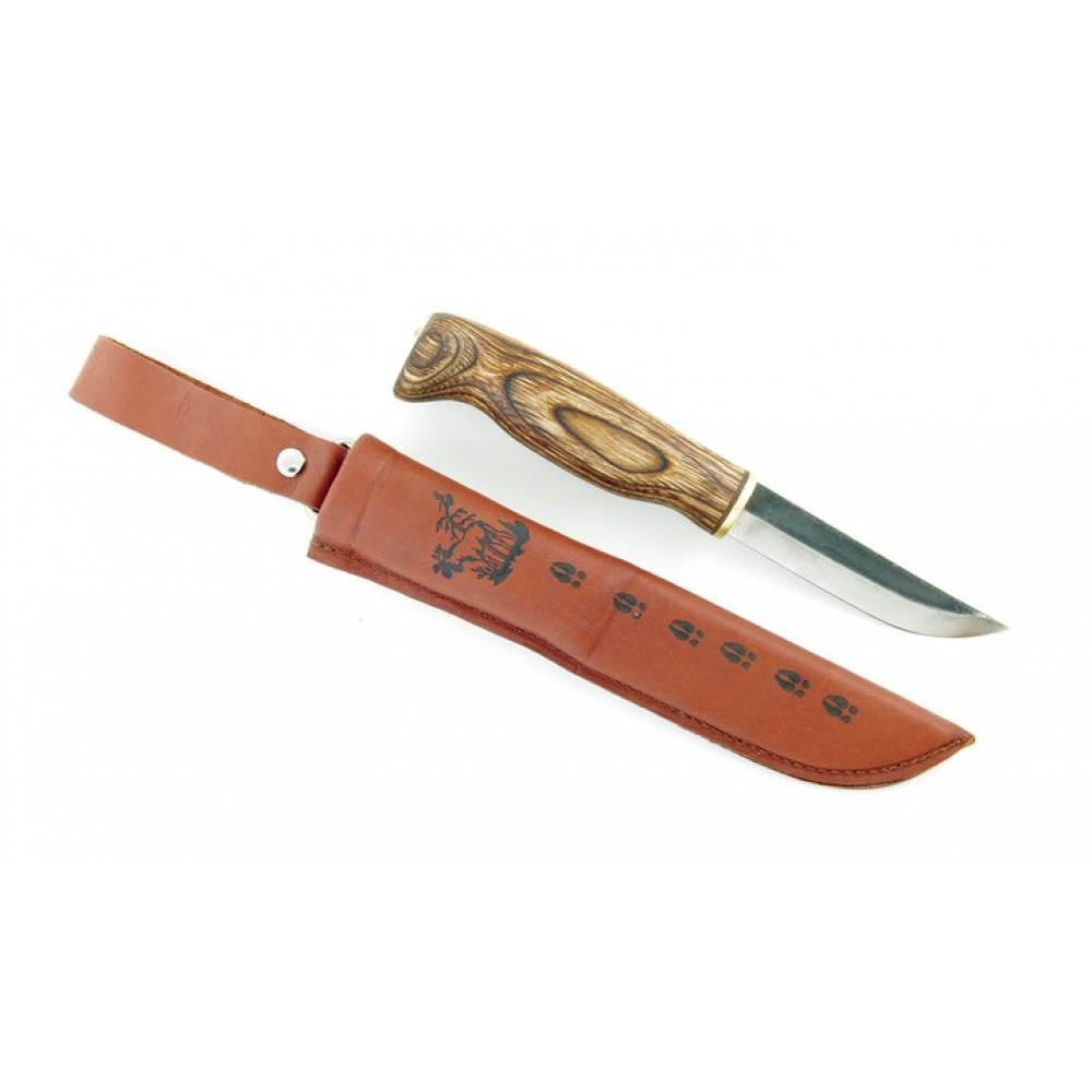 Wood Jewel Brown Puukko Knife - 3.34" Fixed Carbon Blade with Laminated Birch Handle