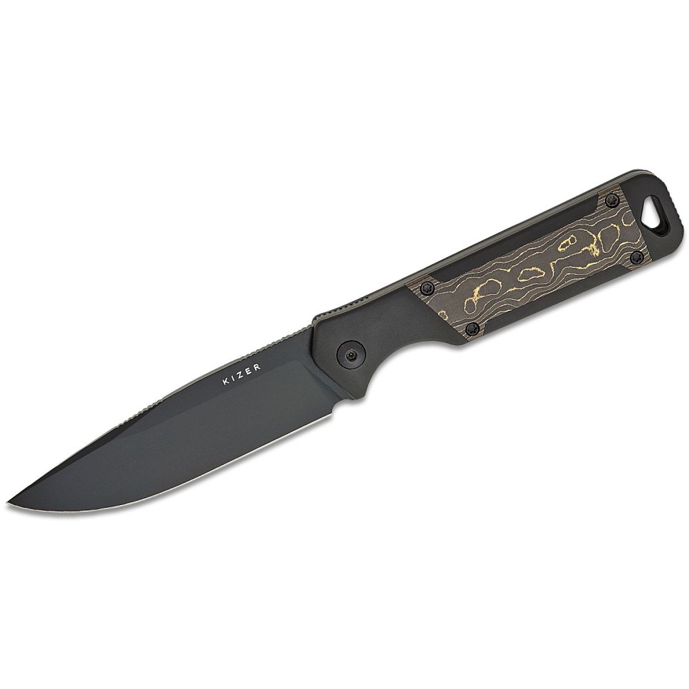 Kizer Militaw Fixed Blade Knife - 3.83" CPM-S35VN Black Blade Gold Fat Carbon