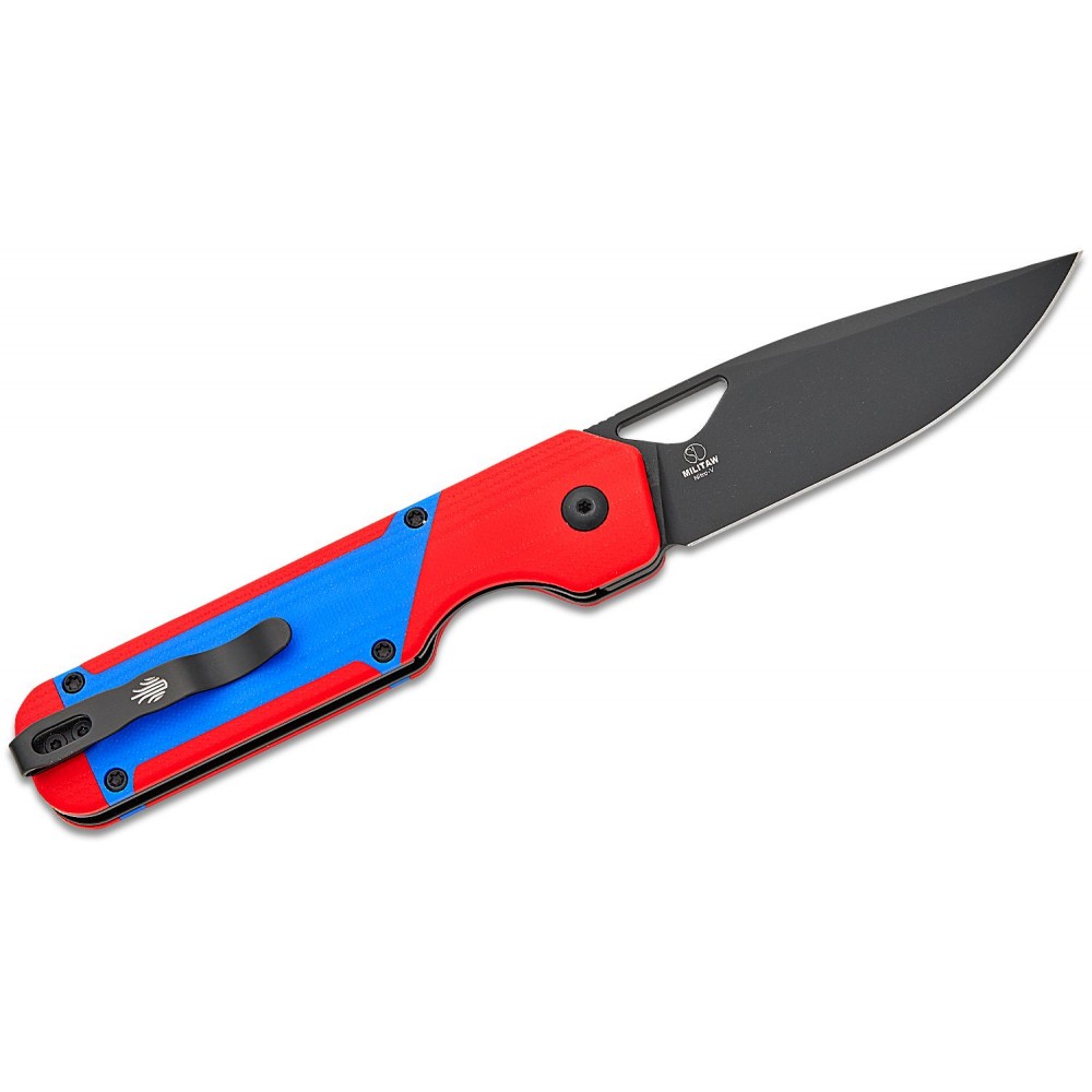 Kizer Vanguard Militaw Folding Knife - 3.36" Nitro-V Black Blade Contoured Red G10 Handle Blue Inlays