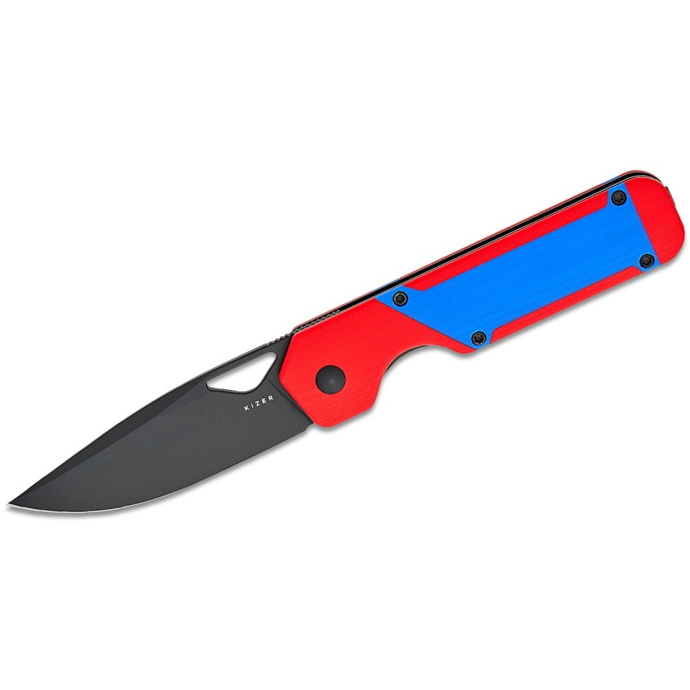 Kizer Vanguard Militaw Folding Knife - 3.36" Nitro-V Black Blade Contoured Red G10 Handle Blue Inlays