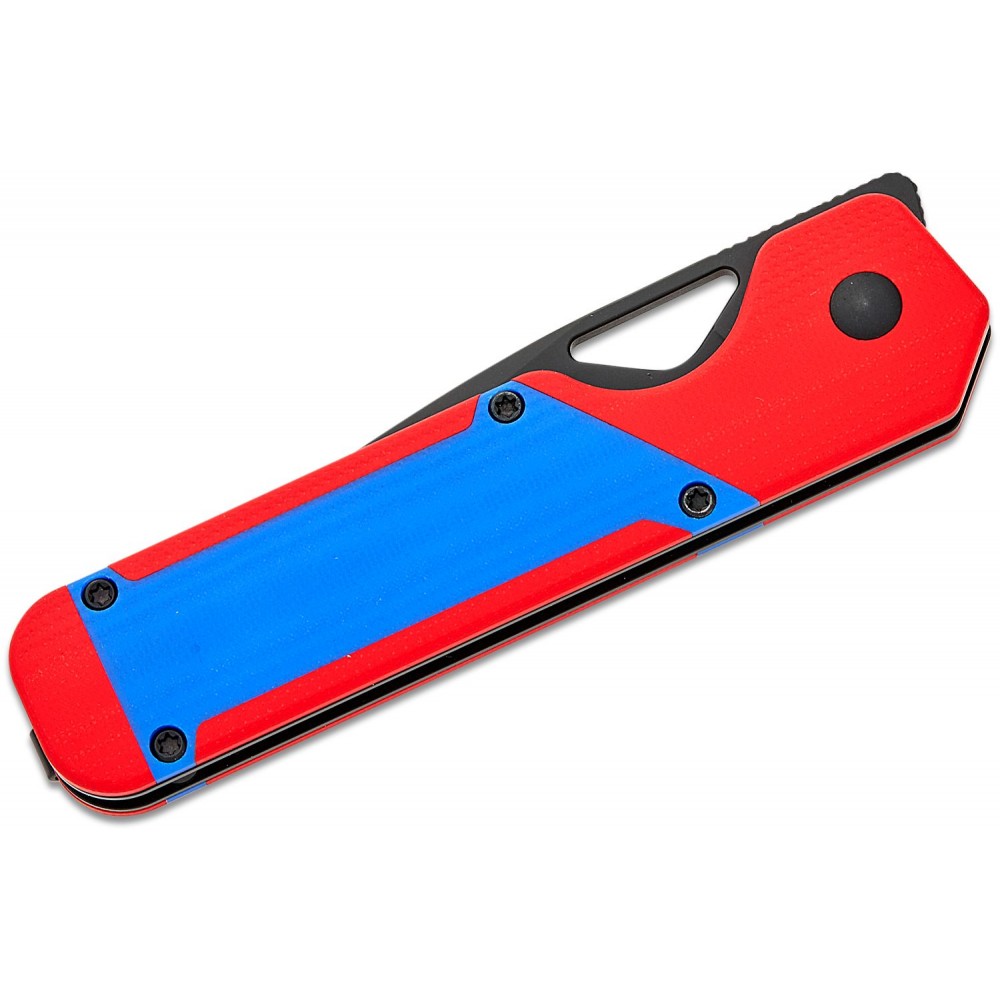 Kizer Vanguard Militaw Folding Knife - 3.36" Nitro-V Black Blade Contoured Red G10 Handle Blue Inlays