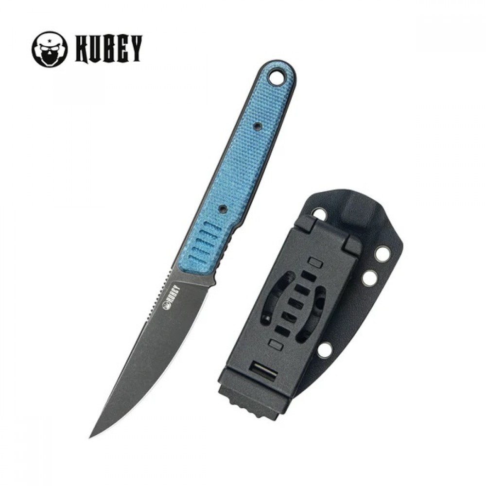 Kubey JL Drop Point Fixie Fixed Blade Knife - 3.11" DP Blade Blue Canvas Micarta Handle