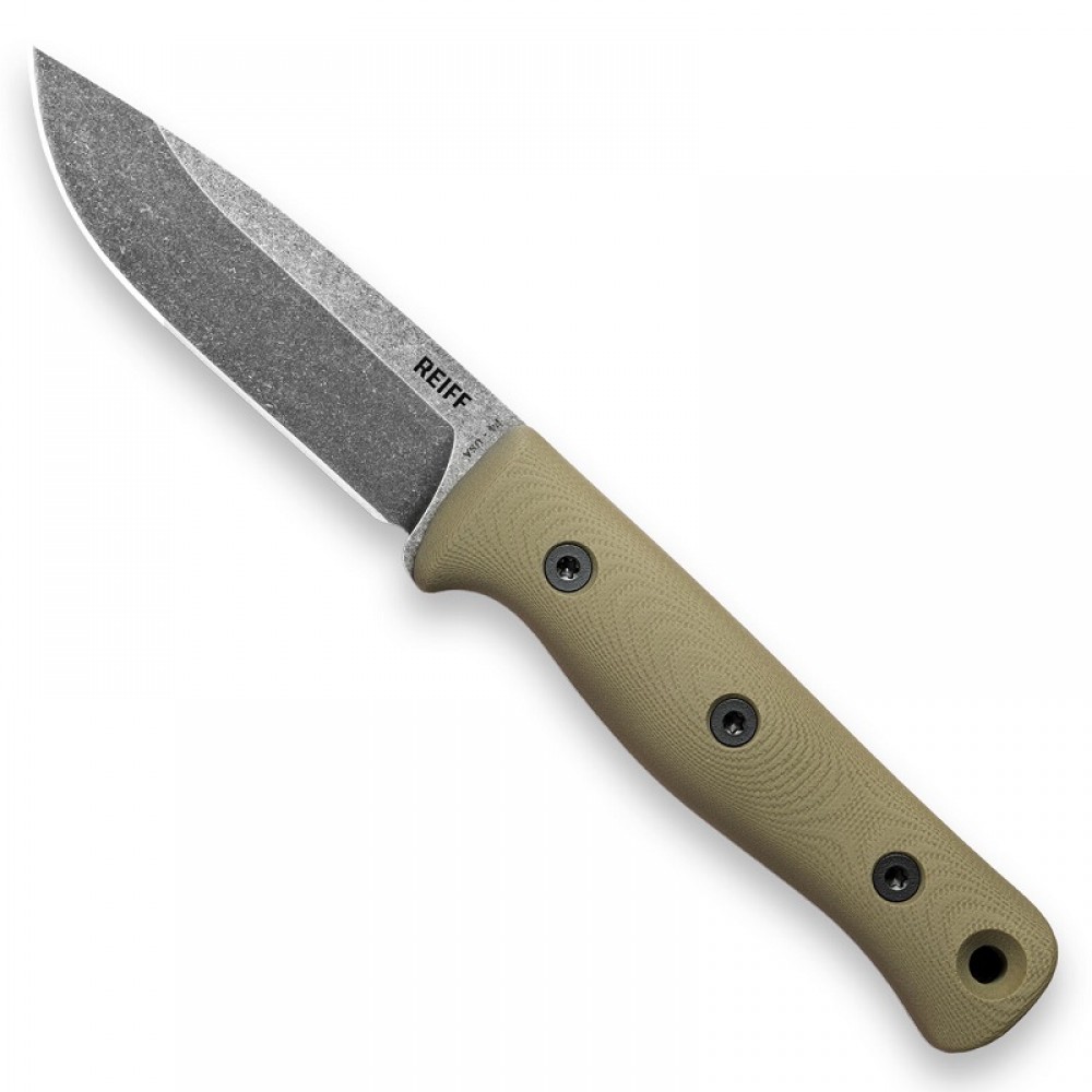 Reiff Knives F4 Bushcraft Knife - 4" CPM-3V Acid Stonewashed Carbon Blade OD Green G10 Handle