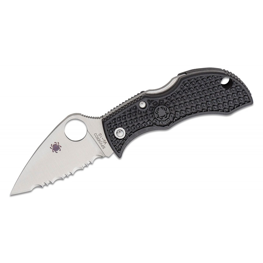 Spyderco Manbug Folding Knife - 1.9" VG10 Satin Leaf Shaped Serrated Blade, Black FRN Handle