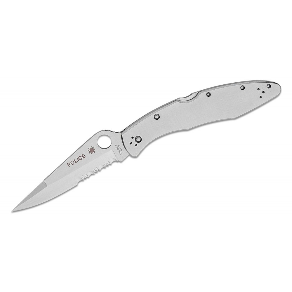 Spyderco Police Part Serrated Folding Knife - 4.125" VG10 Satin Blade Stainless Steel Handle