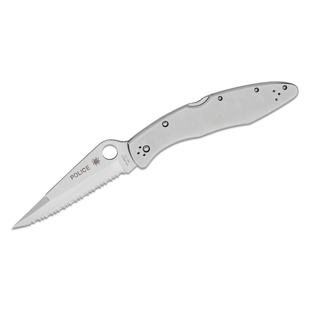 Spyderco Police Serrated Folding Knife - 4.125" VG10 Satin Blade Stainless Steel Handle