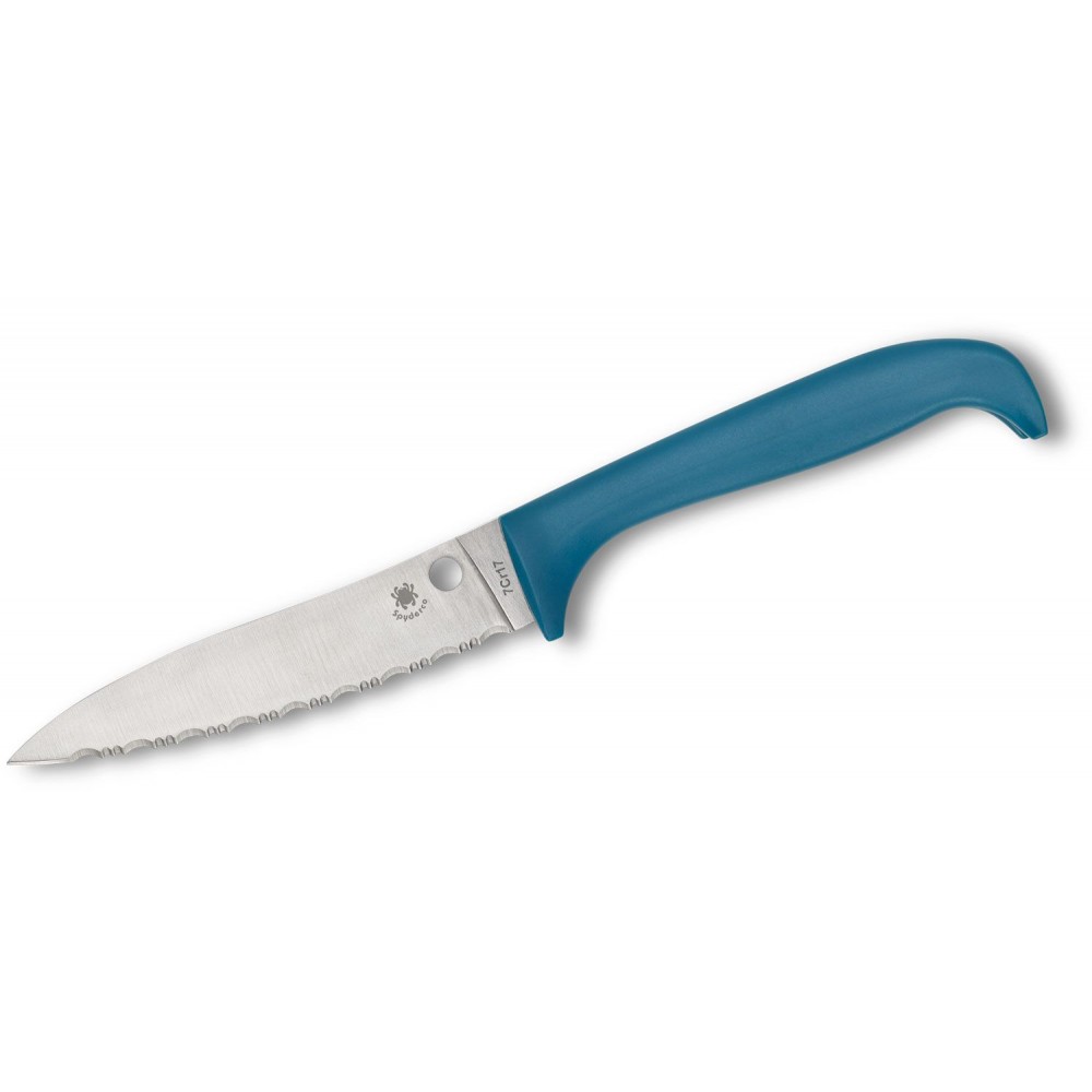 Spyderco Counter Puppy Kitchen Knife - 3.46" 7Cr17 Serrated Blade Blue Plastic Handle