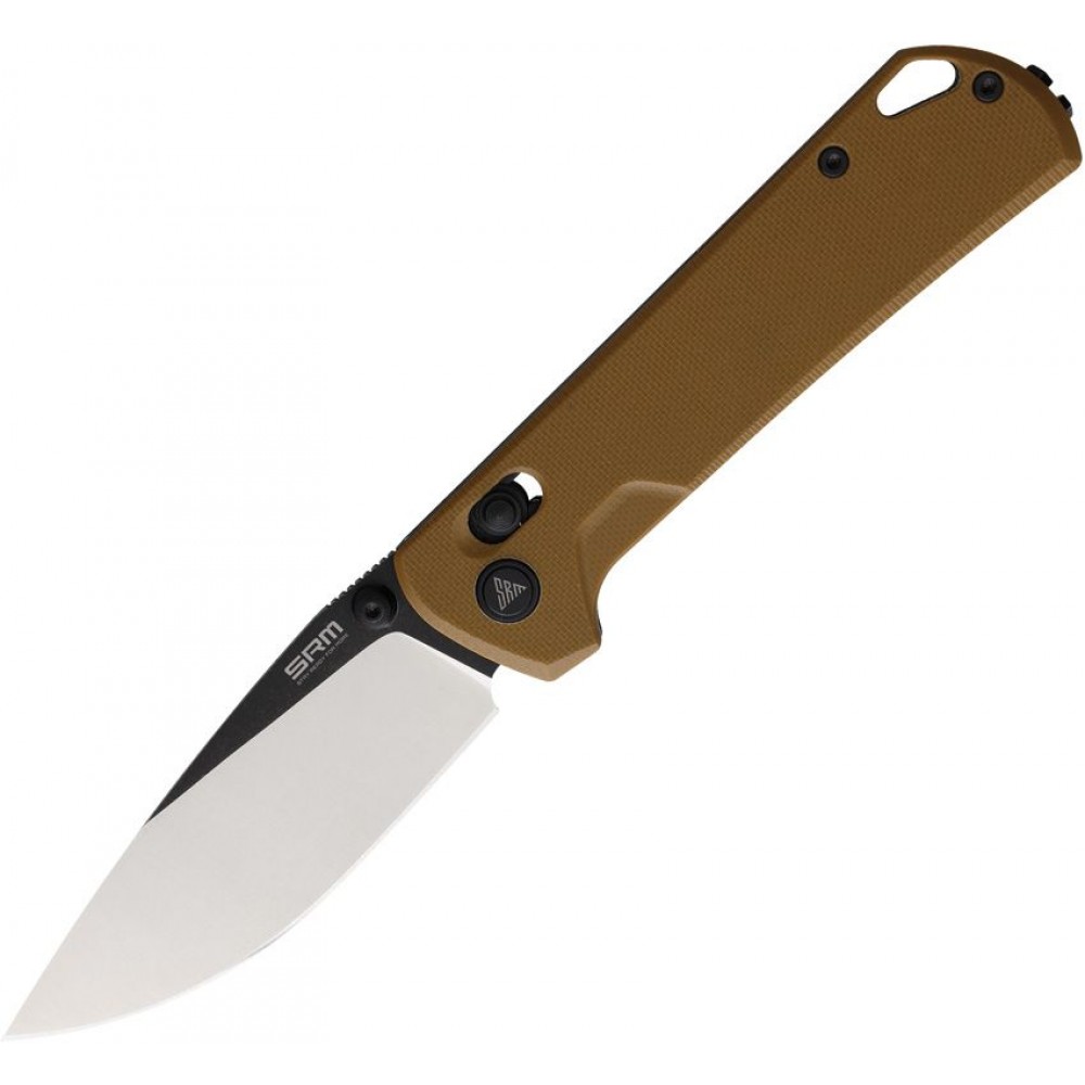 SRM Knives 168L-GW Ambi Lock Folding Knife - 3.39" Two Tone D2 Tool Steel Blade Flat Dark Earth G10 Handle