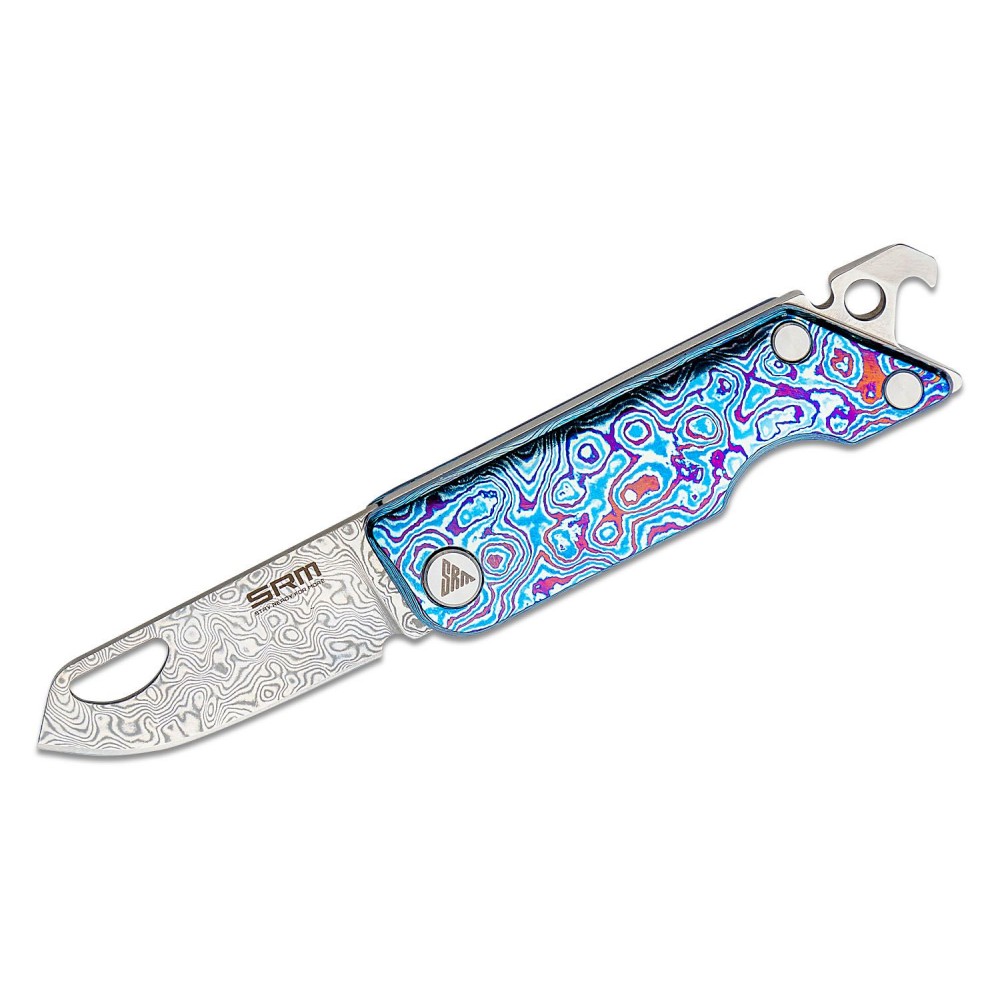 SRM Knives 6435-TL UK EDC Slipjoint Folding Pocket Knife - 1.61" Damascus Blade Damascus Pattern Titanium Handle