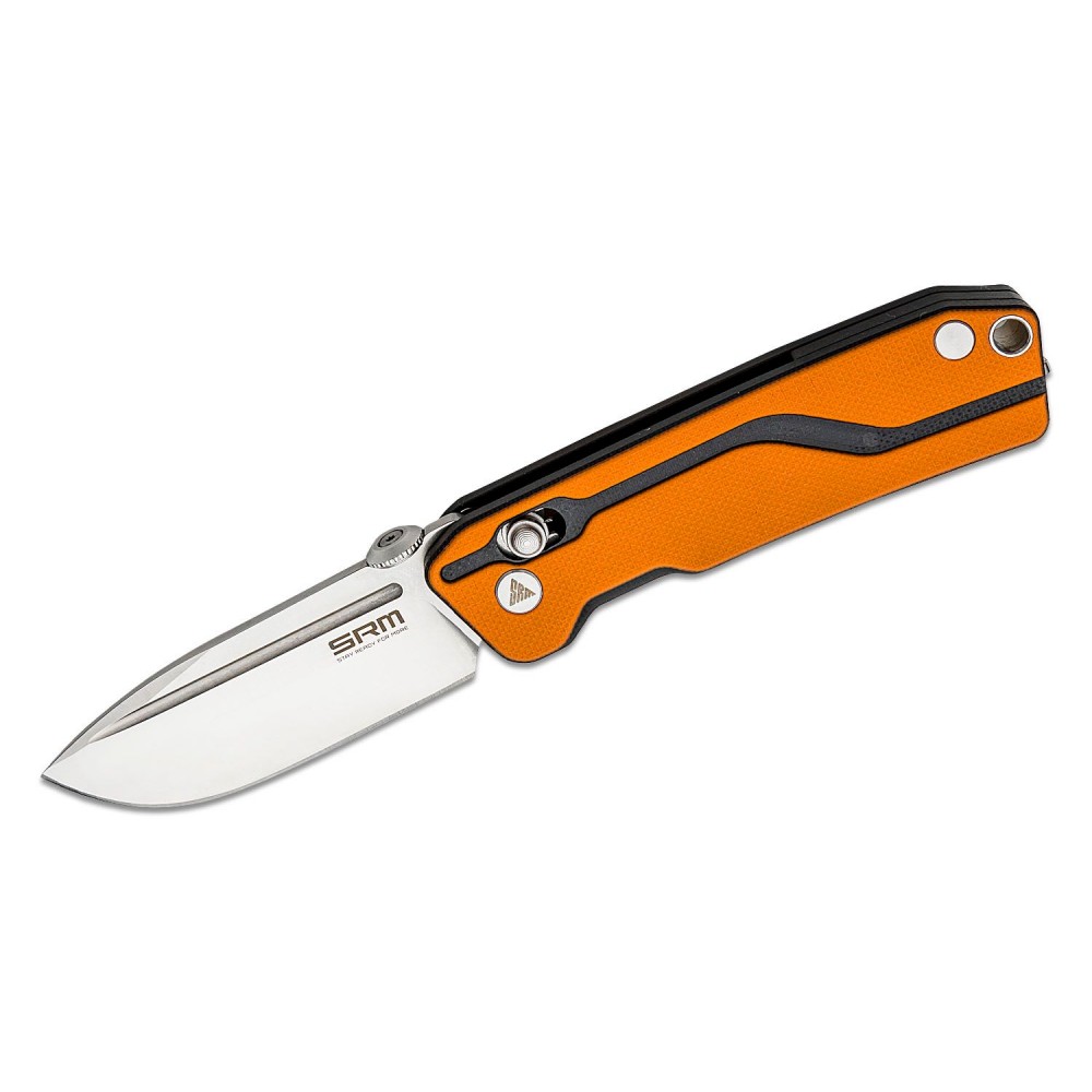 SRM Knives 7228-GJ Rubik Crossbar Lock Folding Knife - 2.72" D2 Tool Steel Blade Orange and Black G10 Handle