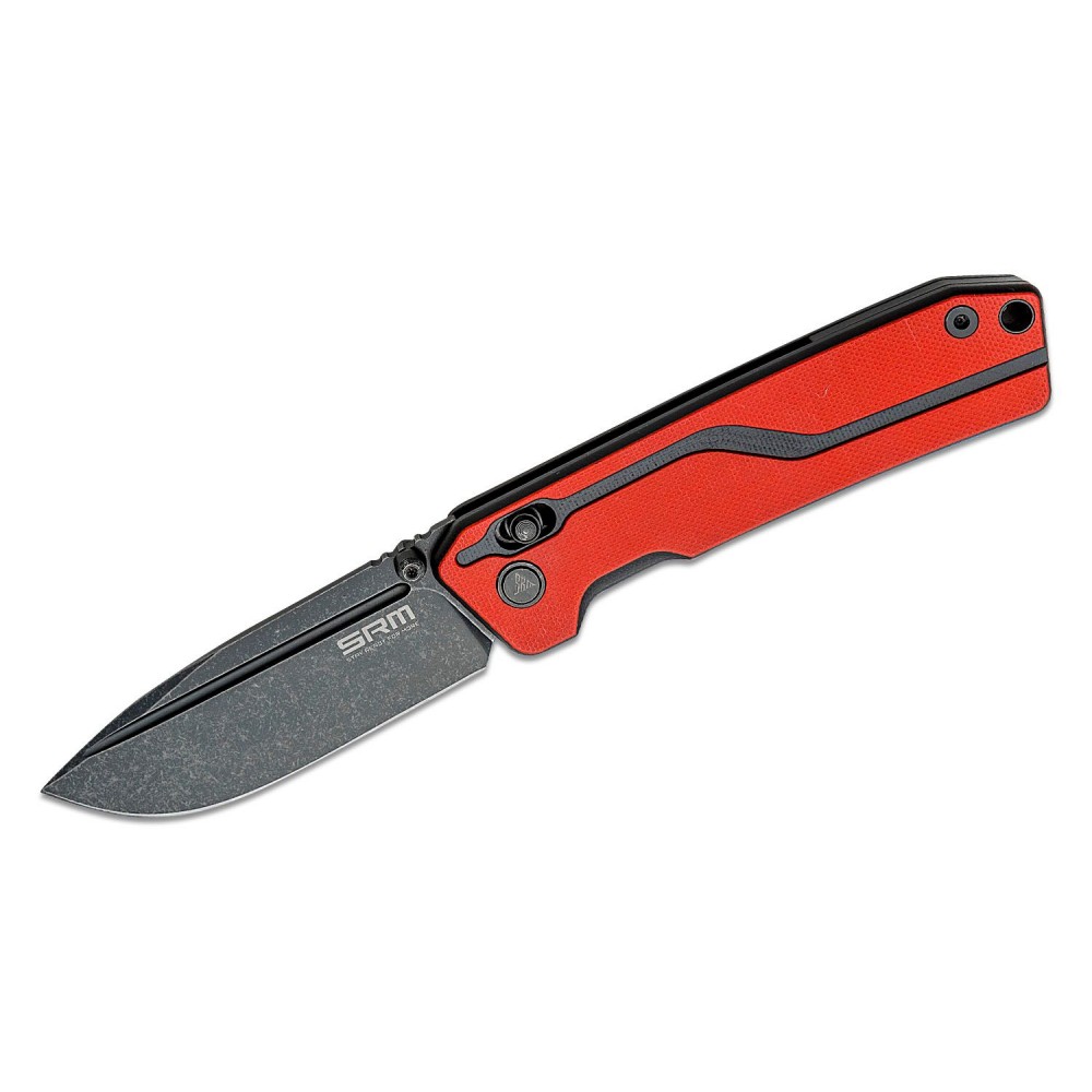 SRM Knives 7228L-GV Large Rubik Folding Knife - 3.62" Black VG-10 Blade Red and Black G10 Handle Crossbar Lock