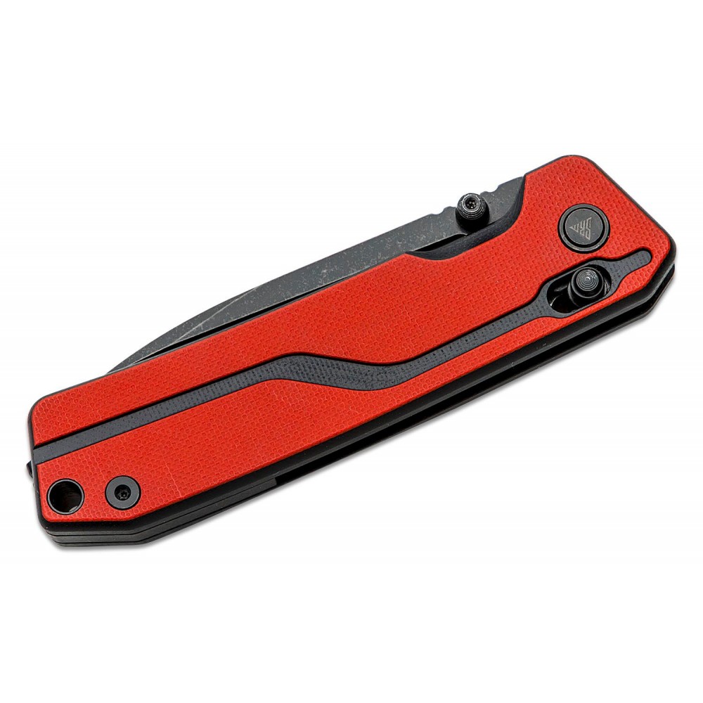 SRM Knives 7228L-GV Large Rubik Folding Knife - 3.62" Black VG-10 Blade Red and Black G10 Handle Crossbar Lock