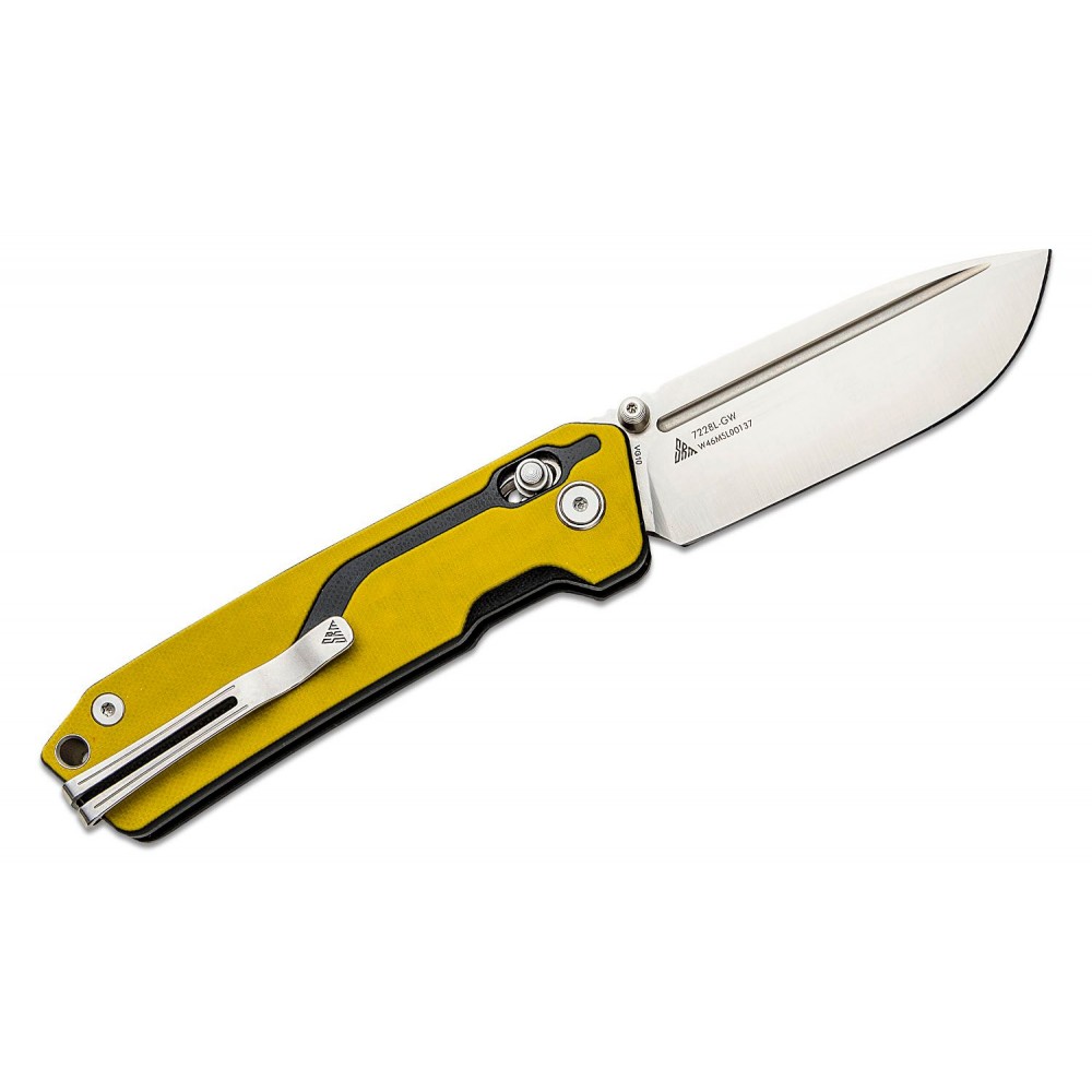 SRM Knives 7228LGW Large Rubik Folding Knife - 3.62" Black VG-10 Blade Yellow and Black G10 Handle Crossbar Lock