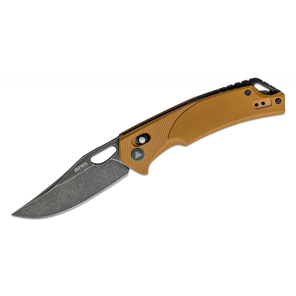 SRM Knives 9201-GW Folding Knife - 3.54" D2 Black Blade Brown G10 Handle Crossbar Lock