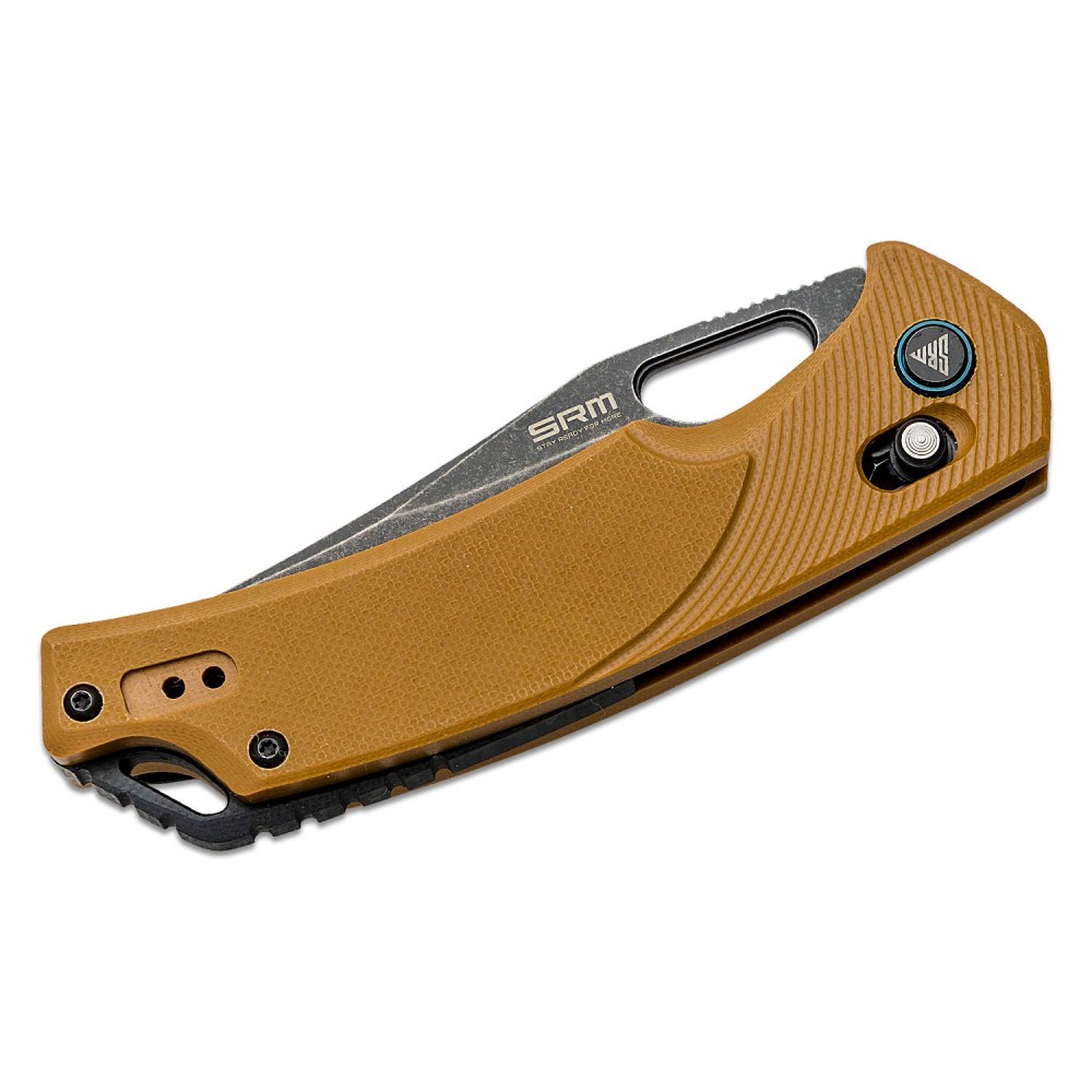 SRM Knives 9201-GW Folding Knife - 3.54" D2 Black Blade Brown G10 Handle Crossbar Lock