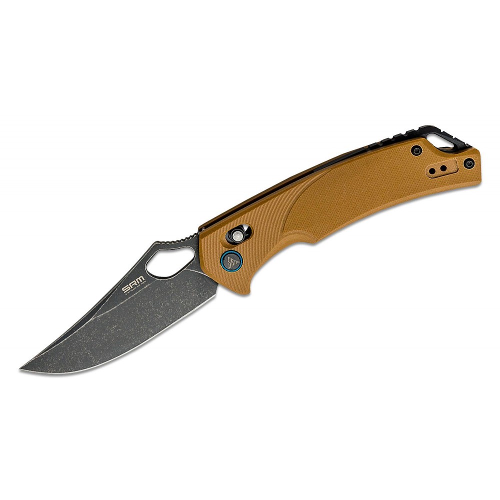 SRM Knives 9202-GW Folding Knife - 3.54" D2 Black Stonewashed Trailing Point Blade Brown G10 Handle Crossbar Lock