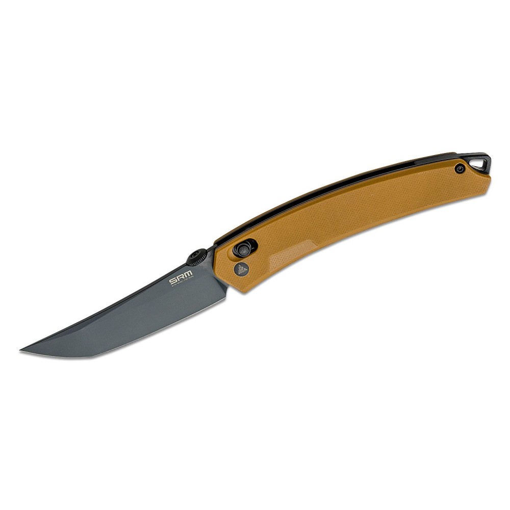 SRM Knives 9211-GW Folding Knife - 3.57" Black Tanto Blade Brown G10 Handle Crossbar Lock